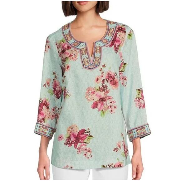 John Mark Tops - John Mark Women's Blue Floral Beaded V-Neck Linen Cotton Tunic Size Large